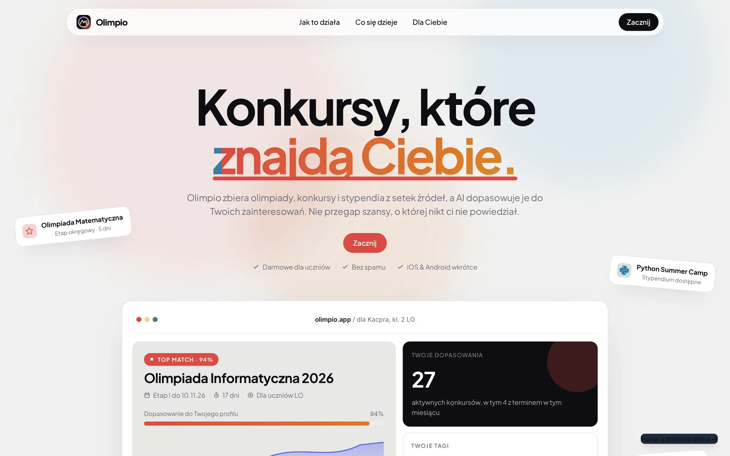 Strona główna Olimpio: hasło „Konkursy, które znajdą Ciebie” i podgląd dopasowanych konkursów